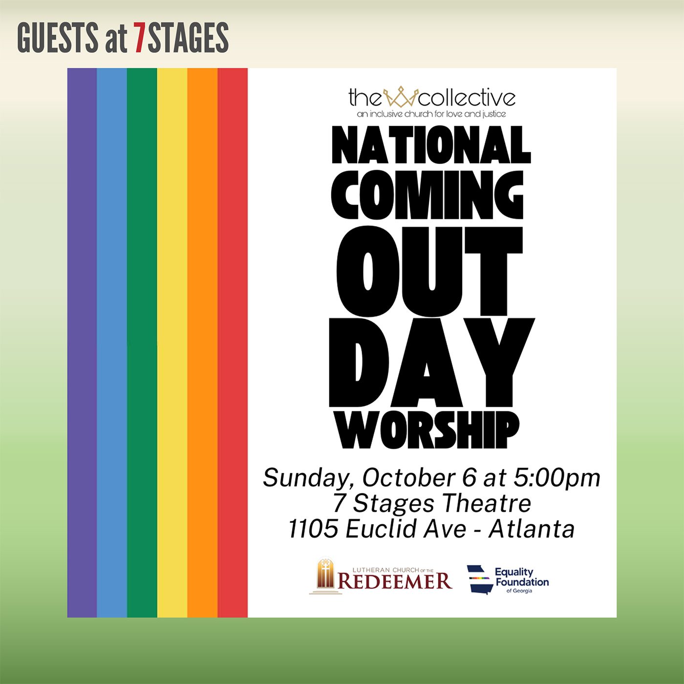 Advertisement for National Coming Out Day Worship at 7 Stages Theatre on Sunday, October 6 at 5:00pm.